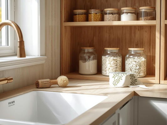 Nachhaltige Küchenszene mit Spülbürste aus Holz, Luffaschwamm und Vorratsgläsern mit Holzdeckeln auf einem Regal, beleuchtet durch natürliches Tageslicht.