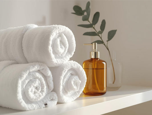 Modernes Badezimmer-Detail mit gerollten weißen Handtüchern im Regal, Braunglas-Seifenspender und einem frischen Eukalyptus-Zweig in einer Vase.