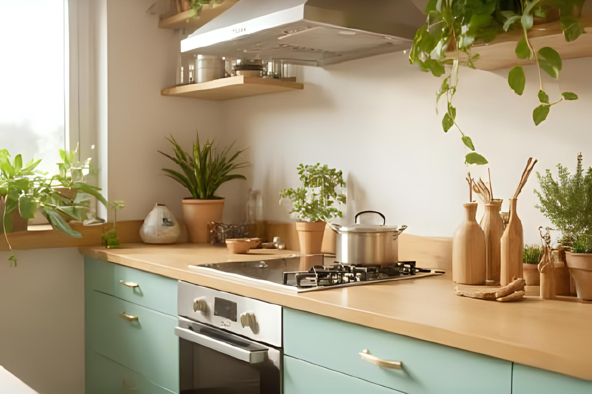 Helle, minimalistische Küche mit nachhaltigen Küchenhelfern aus Holz und Keramik sowie frischen Kräutern – Nachhaltige Küchenideen.