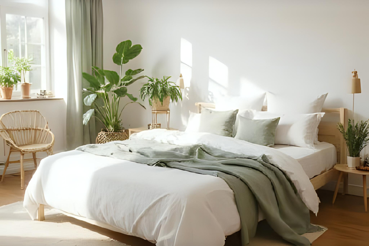 Gemütliches Schlafzimmer im Skandi-Stil mit Leinenbettwäsche in Salbeigrün und sanftem Licht – Oase der Ruhe Kollektion von Covea Nest.