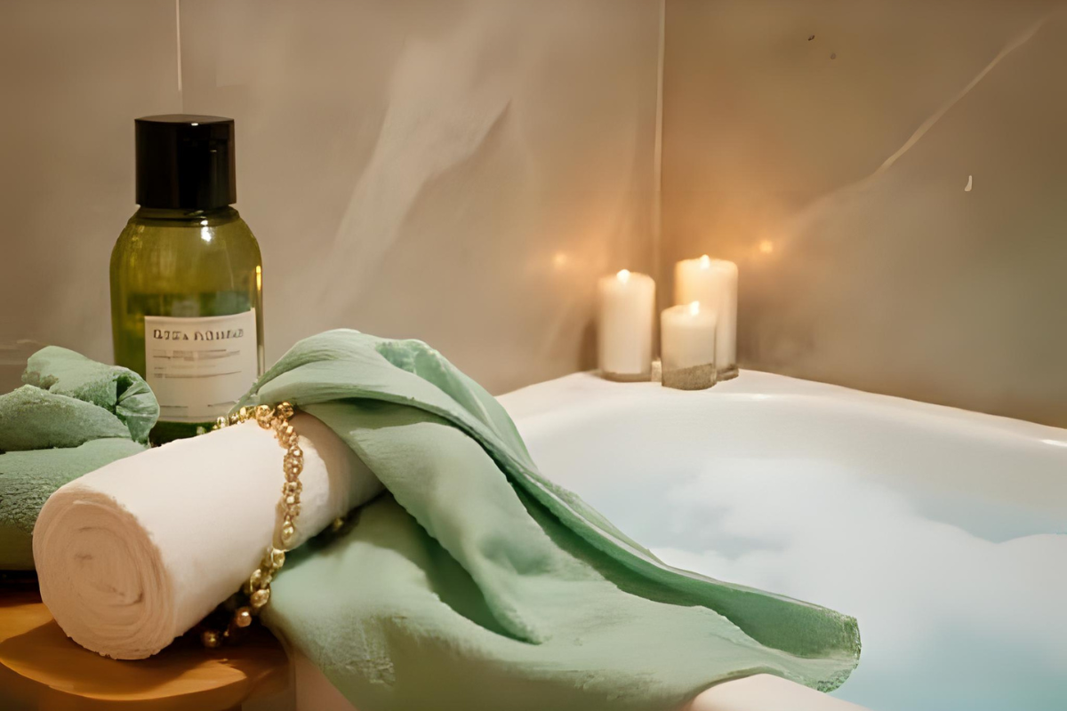 Modernes Home-Spa Badezimmer mit Badewanne, Kerzen und natürlichen Pflegeprodukten – Wellness und Entspannung für Zuhause.