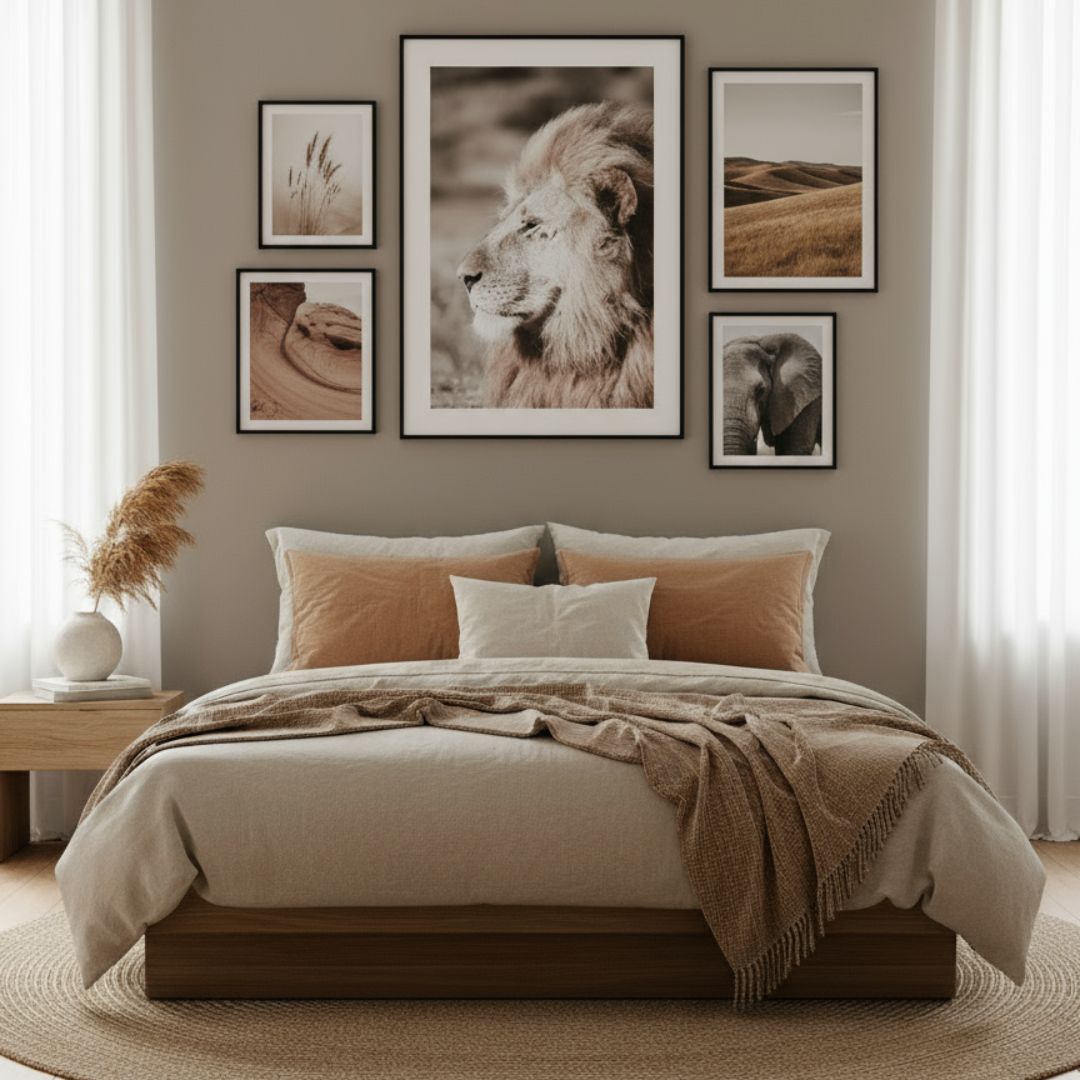 Beruhigendes Löwen-Portrait im Schlafzimmer-Setting für eine warme Atmosphäre von Covea Nest.