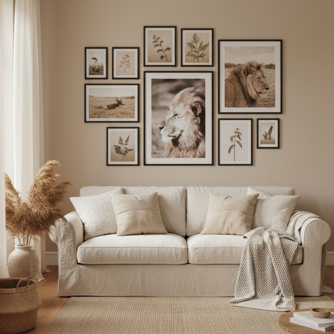 Majestätisches Löwen-Poster in einer harmonischen Bilderwand über einem beigen Sofa von Covea Nest.
